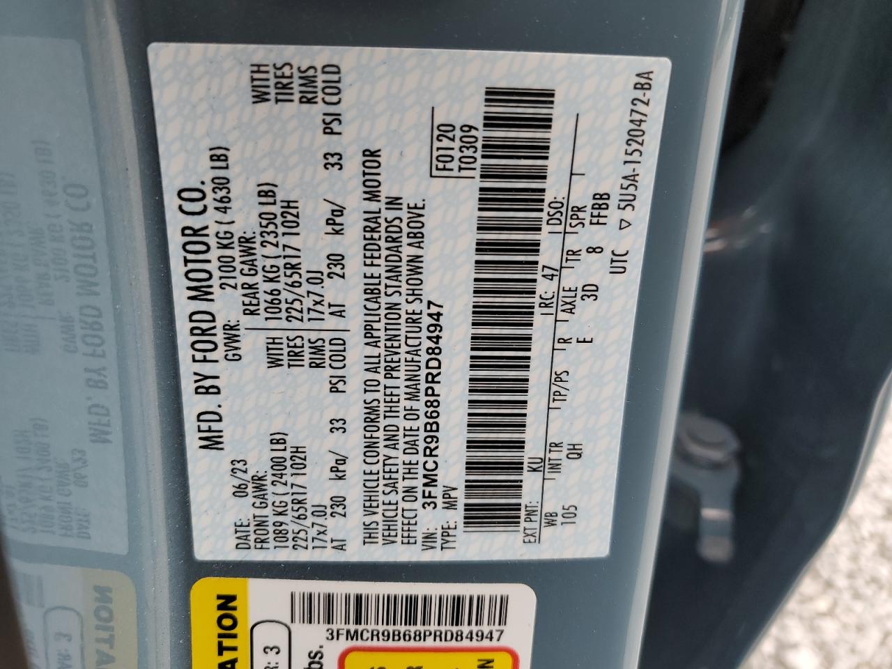 2023 Ford Bronco Sport Big Bend VIN: 3FMCR9B68PRD84947 Lot: 65364504