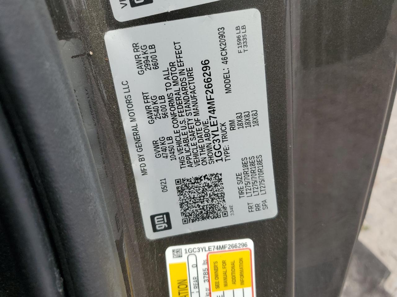 2021 Chevrolet Silverado K2500 Heavy Duty VIN: 1GC3YLE74MF266296 Lot: 62730444