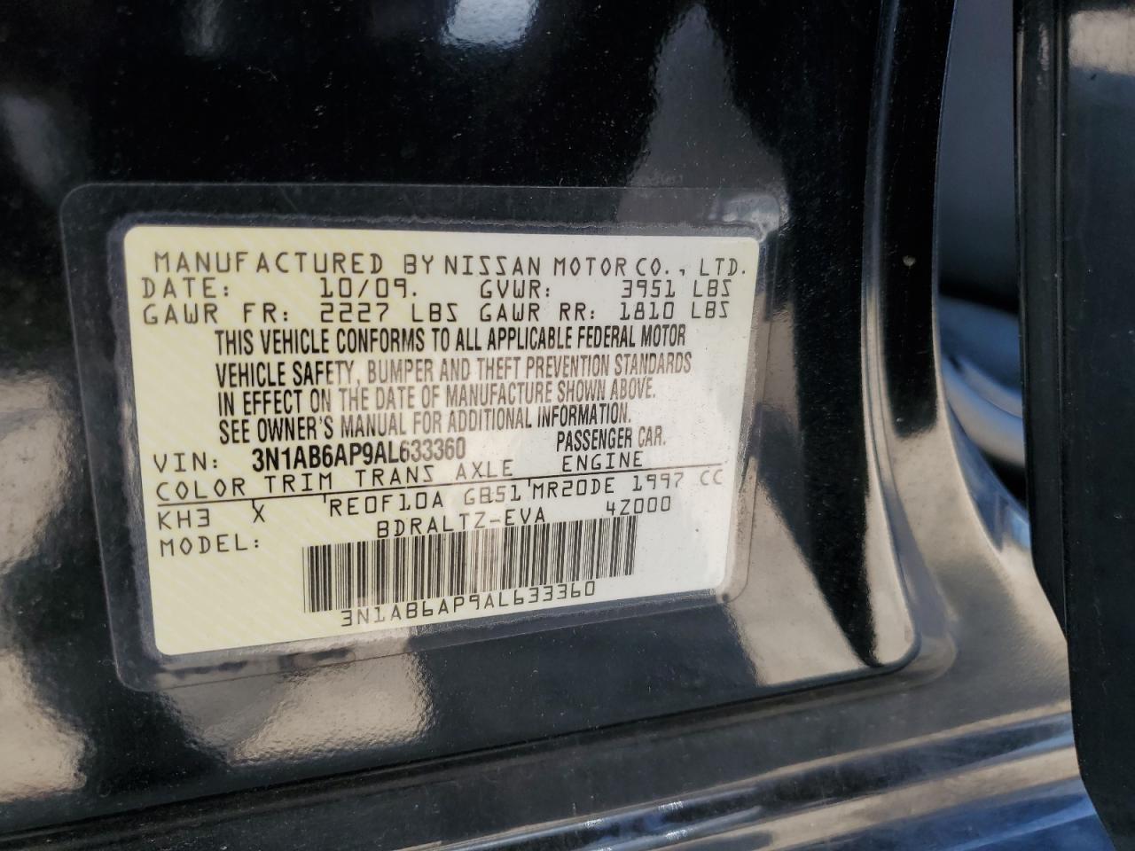 2010 Nissan Sentra 2.0 VIN: 3N1AB6AP9AL633360 Lot: 63993024