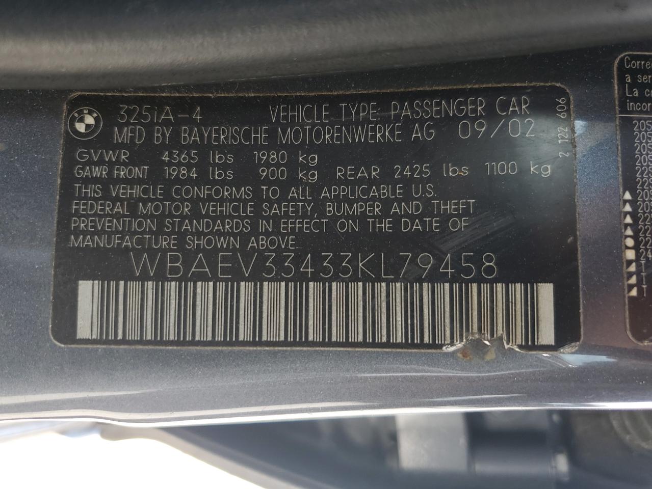 2003 BMW 325 I VIN: WBAEV33433KL79458 Lot: 64553354