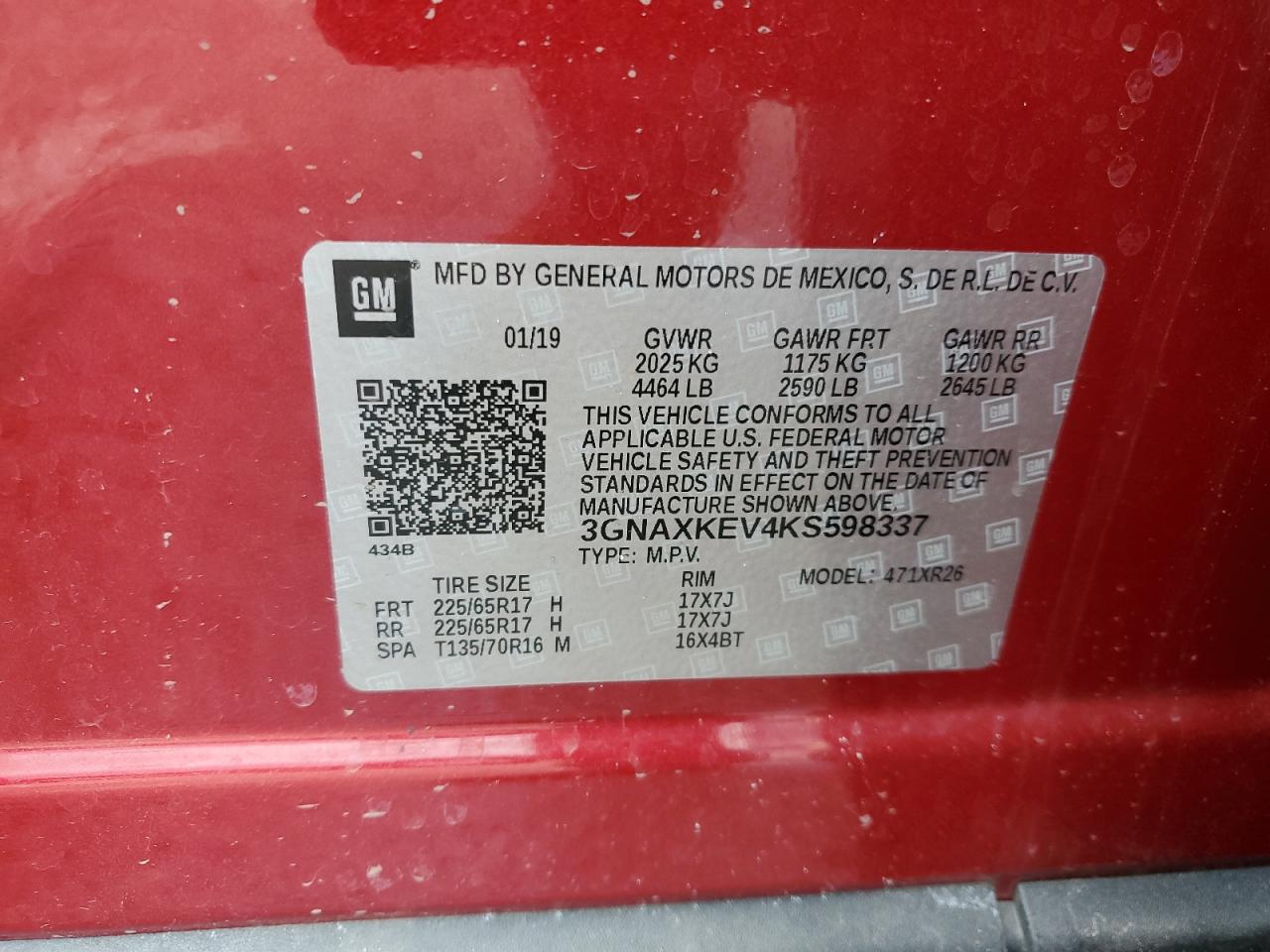 2019 Chevrolet Equinox Lt VIN: 3GNAXKEV4KS598337 Lot: 63965784