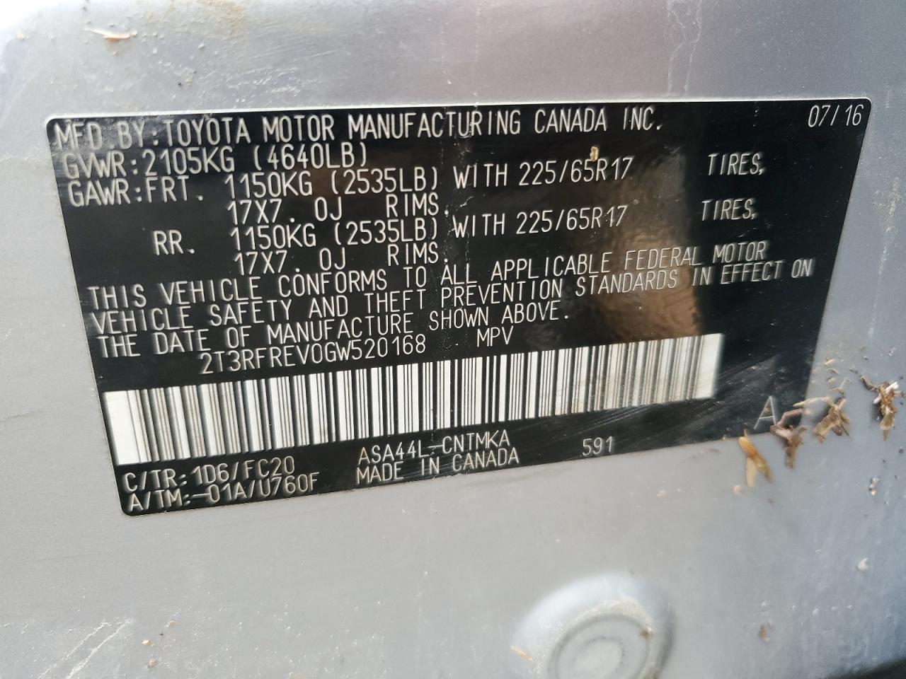 2016 Toyota Rav4 Xle VIN: 2T3RFREV0GW520168 Lot: 63017024