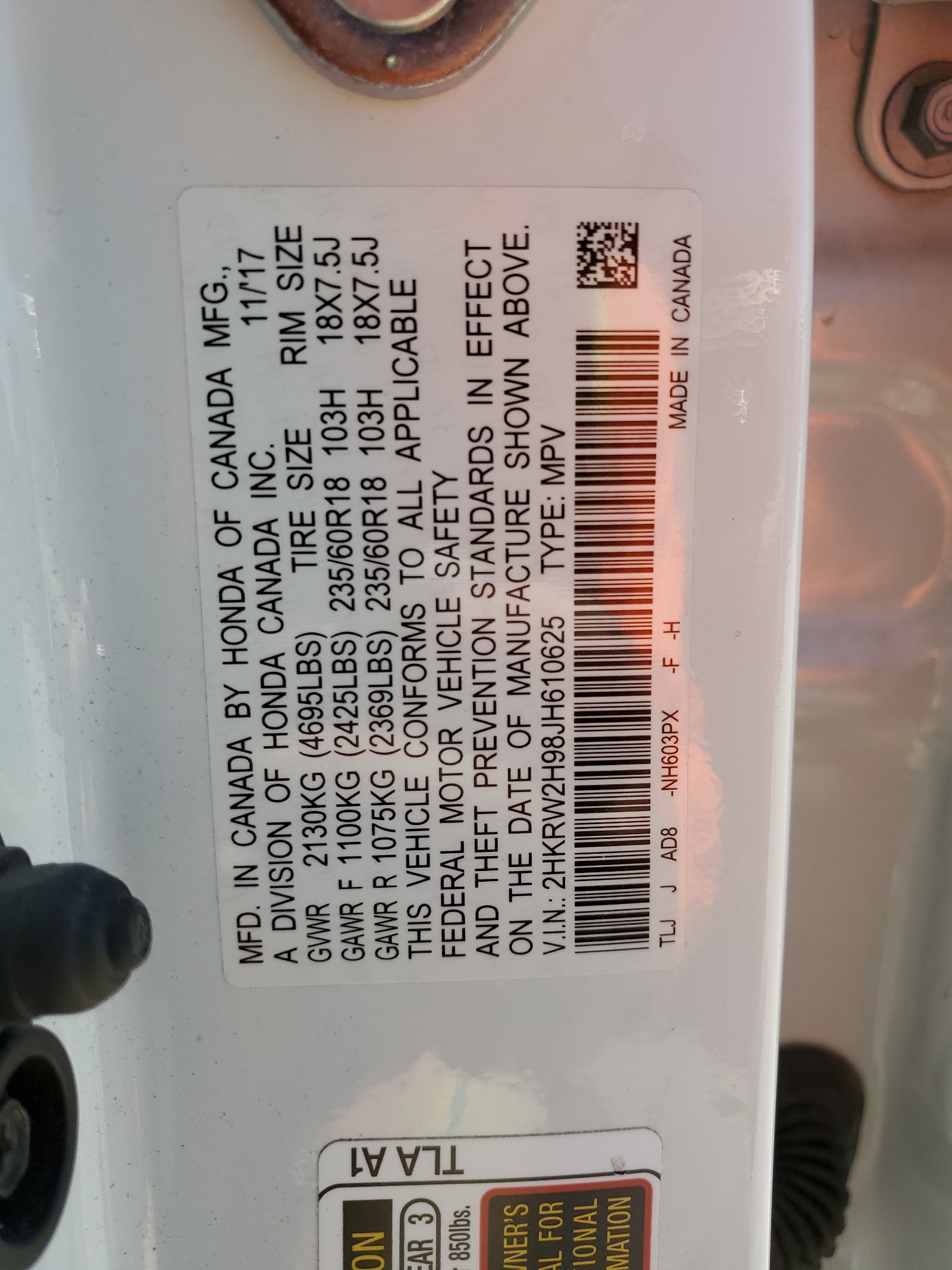 2HKRW2H98JH610625 2018 Honda Cr-V Touring