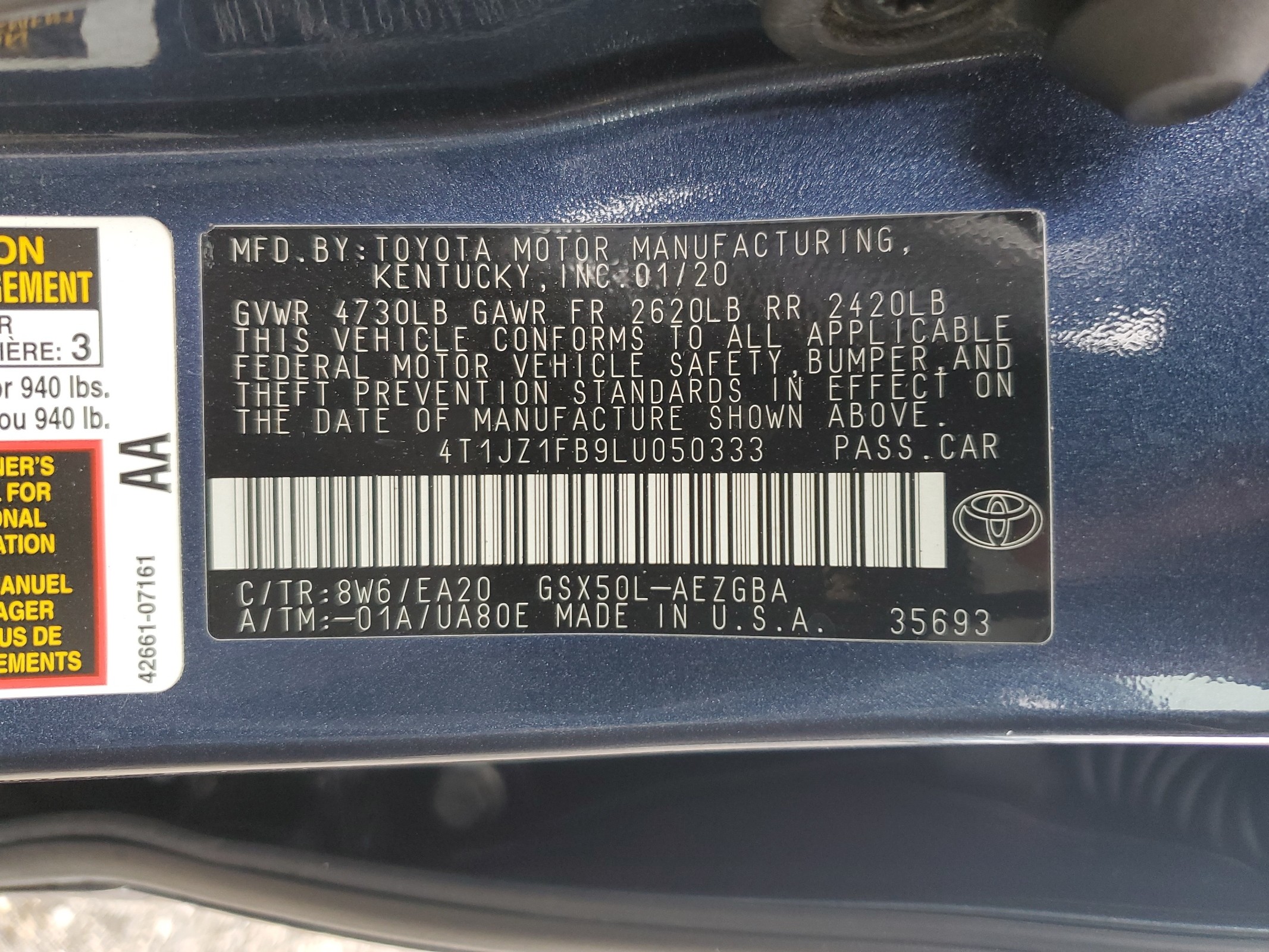 4T1JZ1FB9LU050333 2020 Toyota Avalon Xle