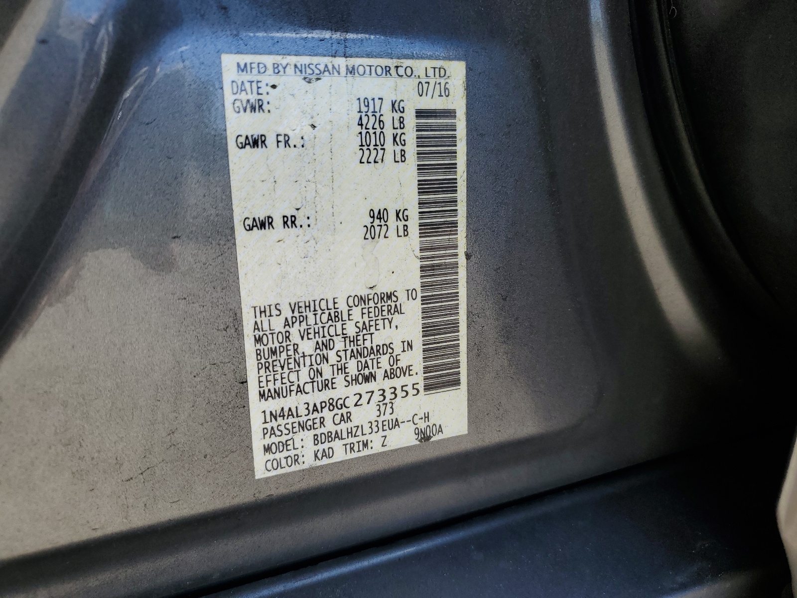 2016 Nissan Altima 2.5 vin: 1N4AL3AP8GC273355