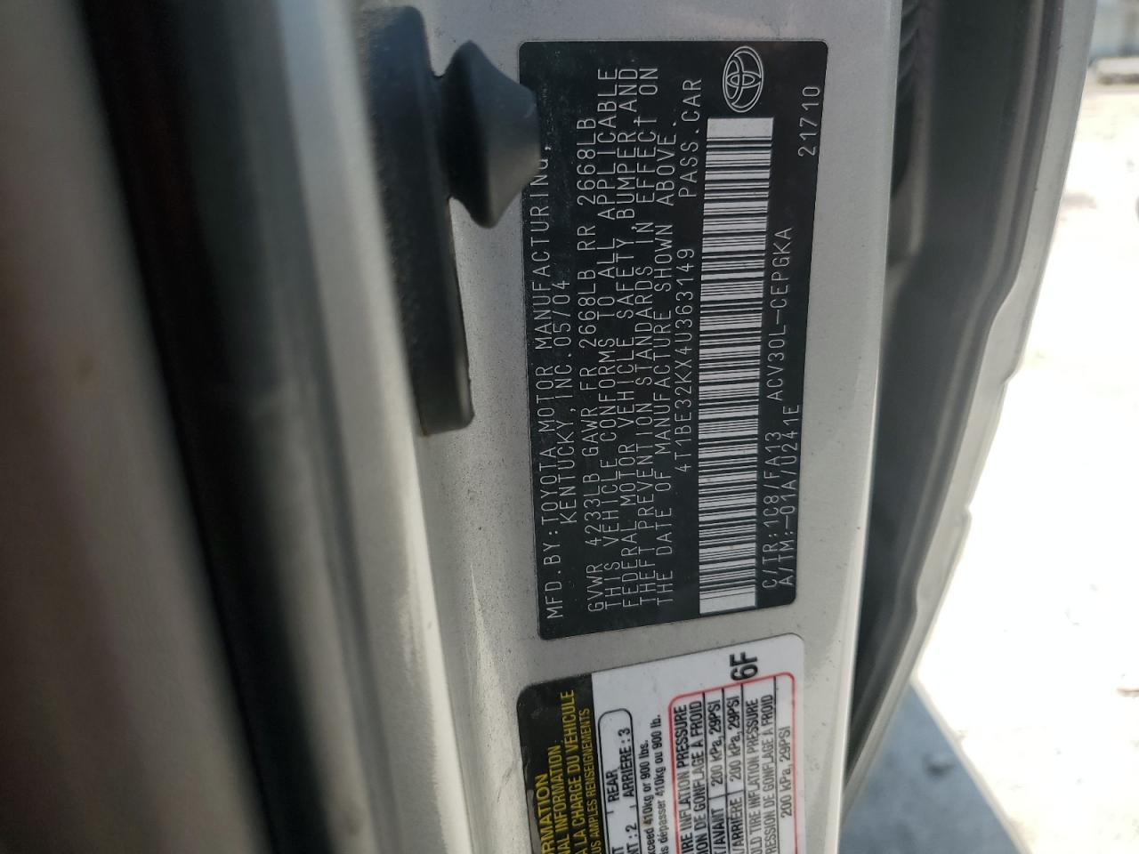 2004 Toyota Camry Le VIN: 4T1BE32KX4U363149 Lot: 50561344