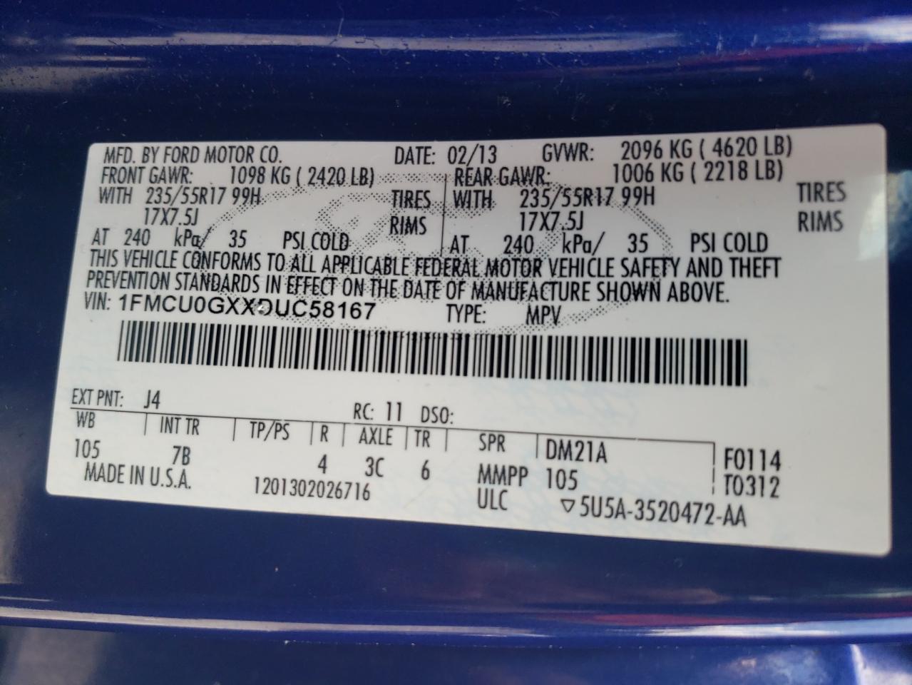 2013 Ford Escape Se VIN: 1FMCU0GXXDUC58167 Lot: 61990134