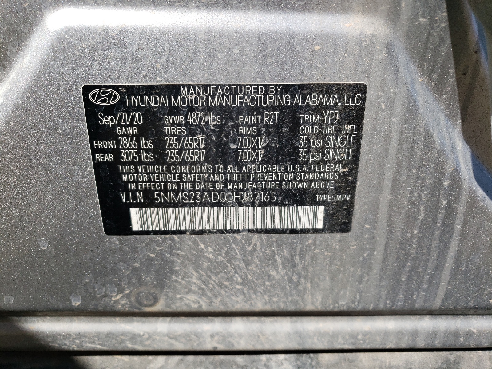 5NMS23AD0LH282165 2020 Hyundai Santa Fe Se