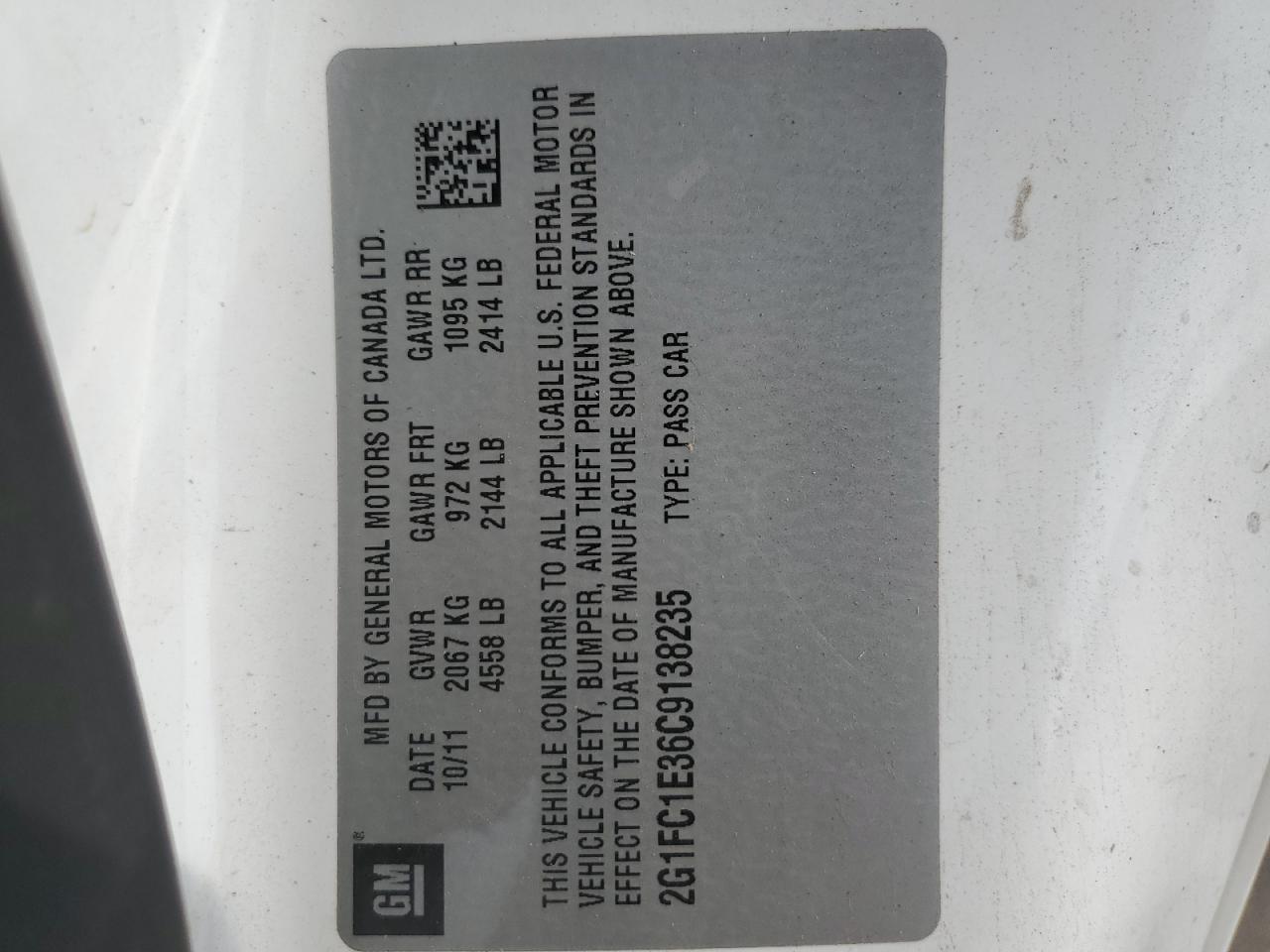 2012 Chevrolet Camaro Lt VIN: 2G1FC1E36C9138235 Lot: 63540984