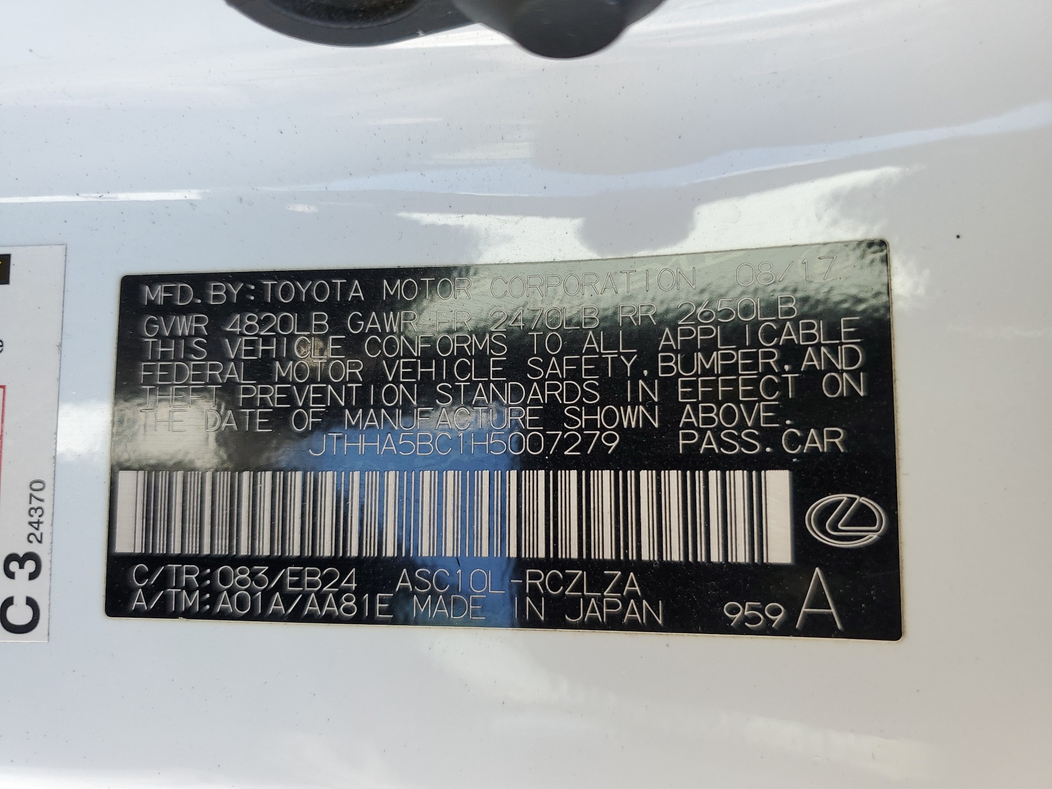 JTHHA5BC1H5007279 2017 Lexus Rc 200T