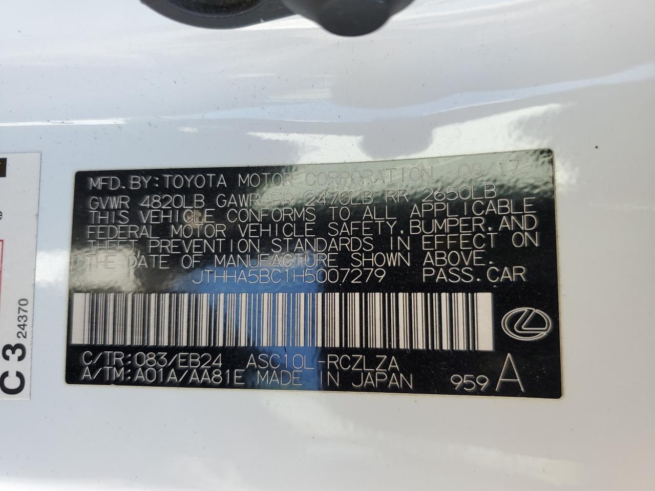 2017 Lexus Rc 200T VIN: JTHHA5BC1H5007279 Lot: 63381544