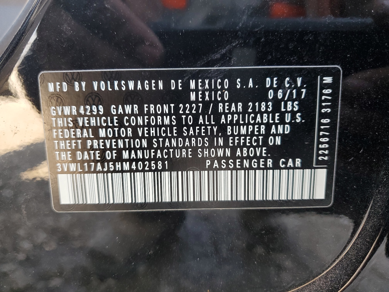 3VWL17AJ5HM402581 2017 Volkswagen Jetta Sel