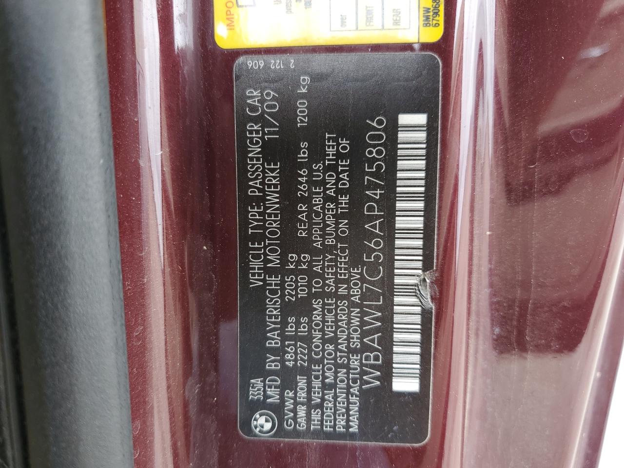 2010 BMW 335 I VIN: WBAWL7C56AP475806 Lot: 62609604