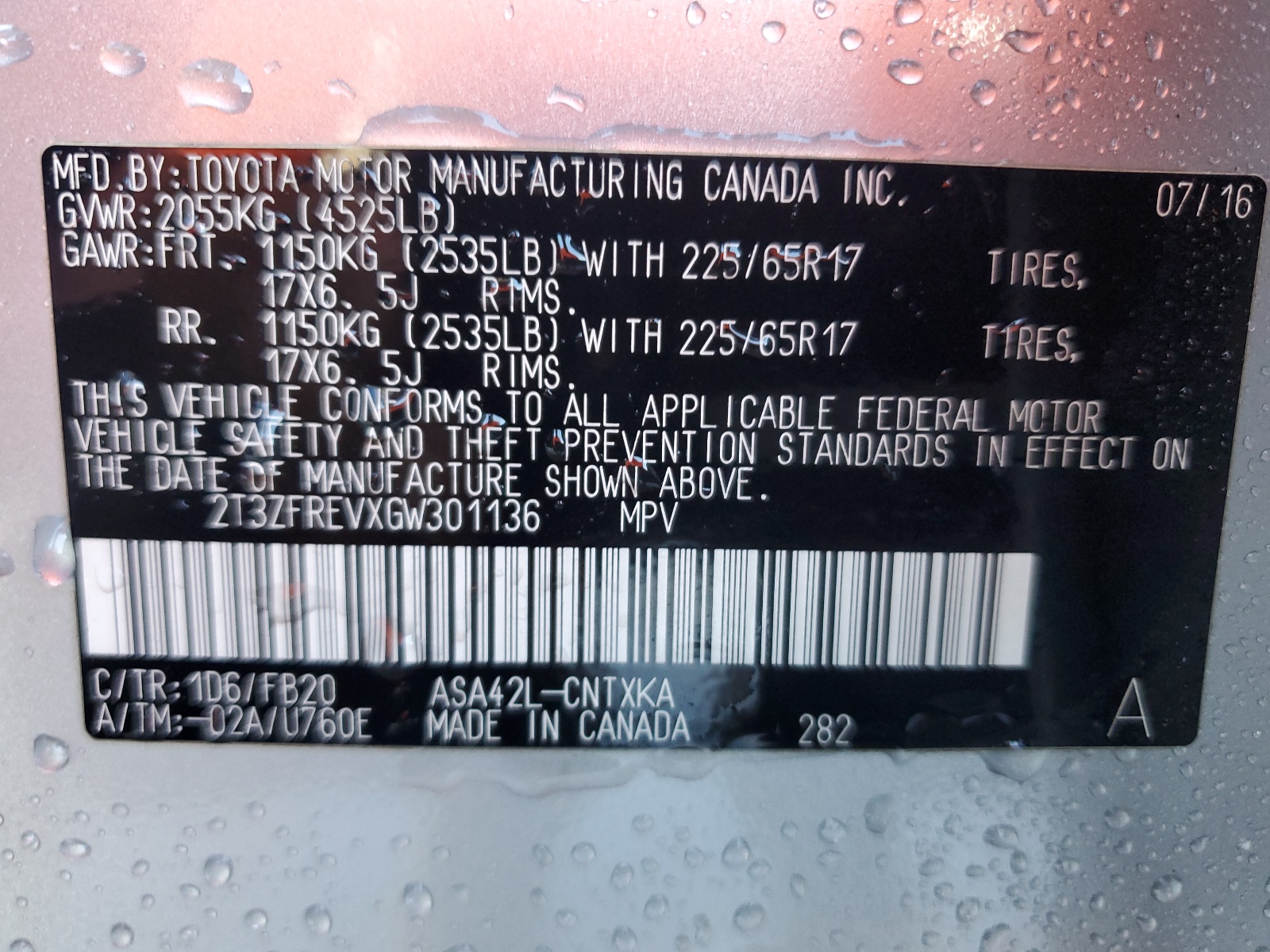 2T3ZFREVXGW301136 2016 Toyota Rav4 Le