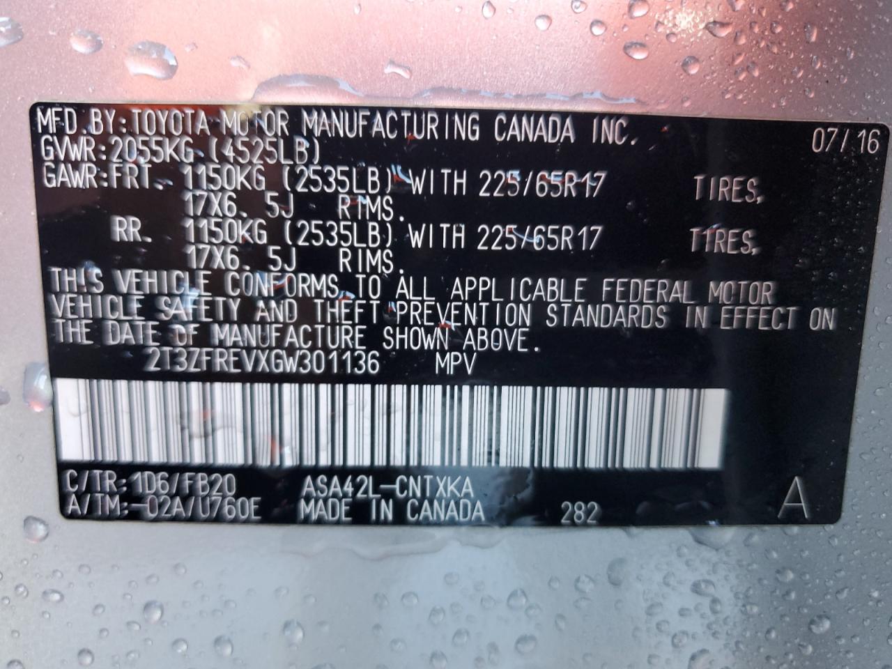 2016 Toyota Rav4 Le VIN: 2T3ZFREVXGW301136 Lot: 63522294