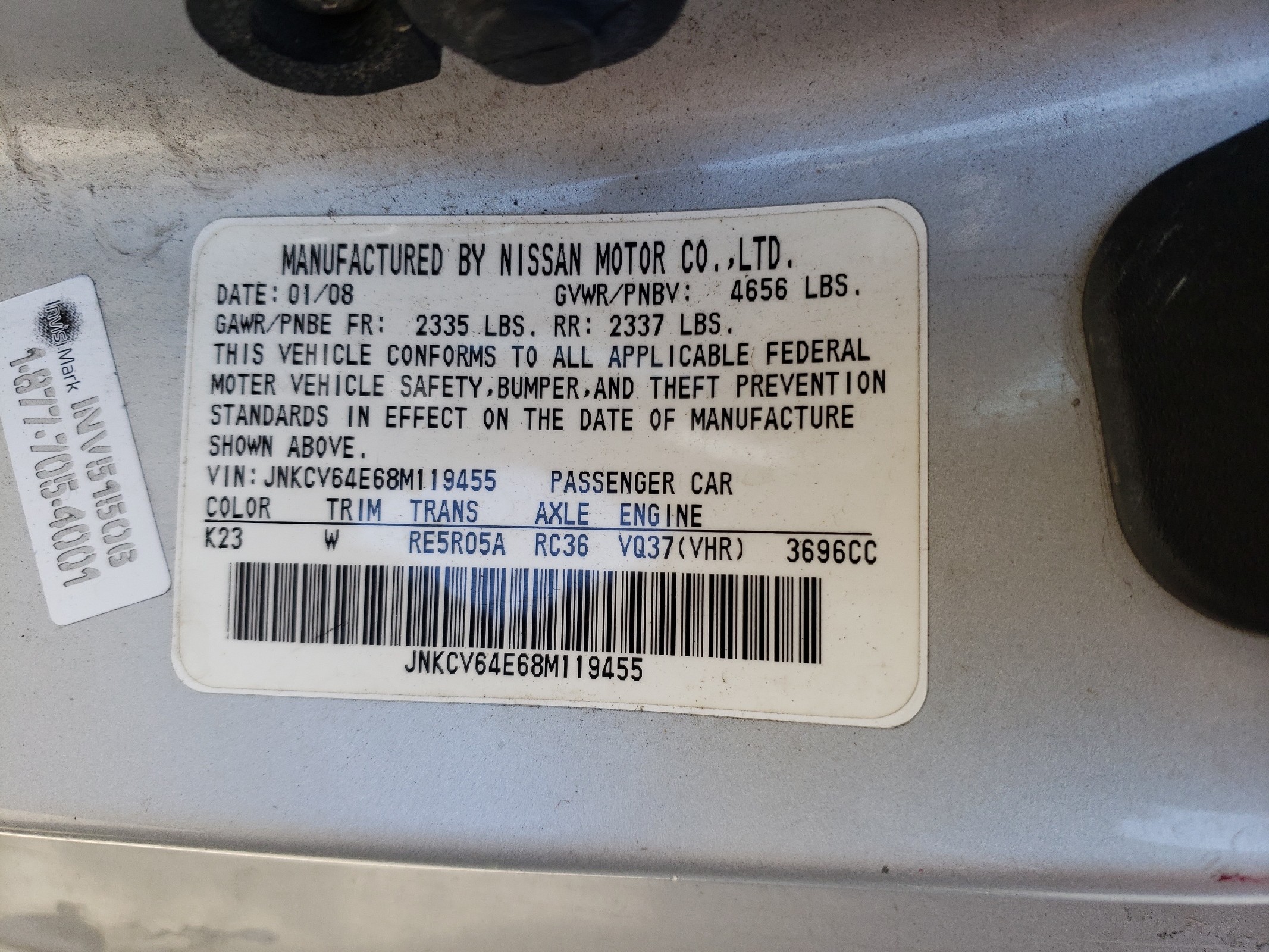 JNKCV64E68M119455 2008 Infiniti G37 Base