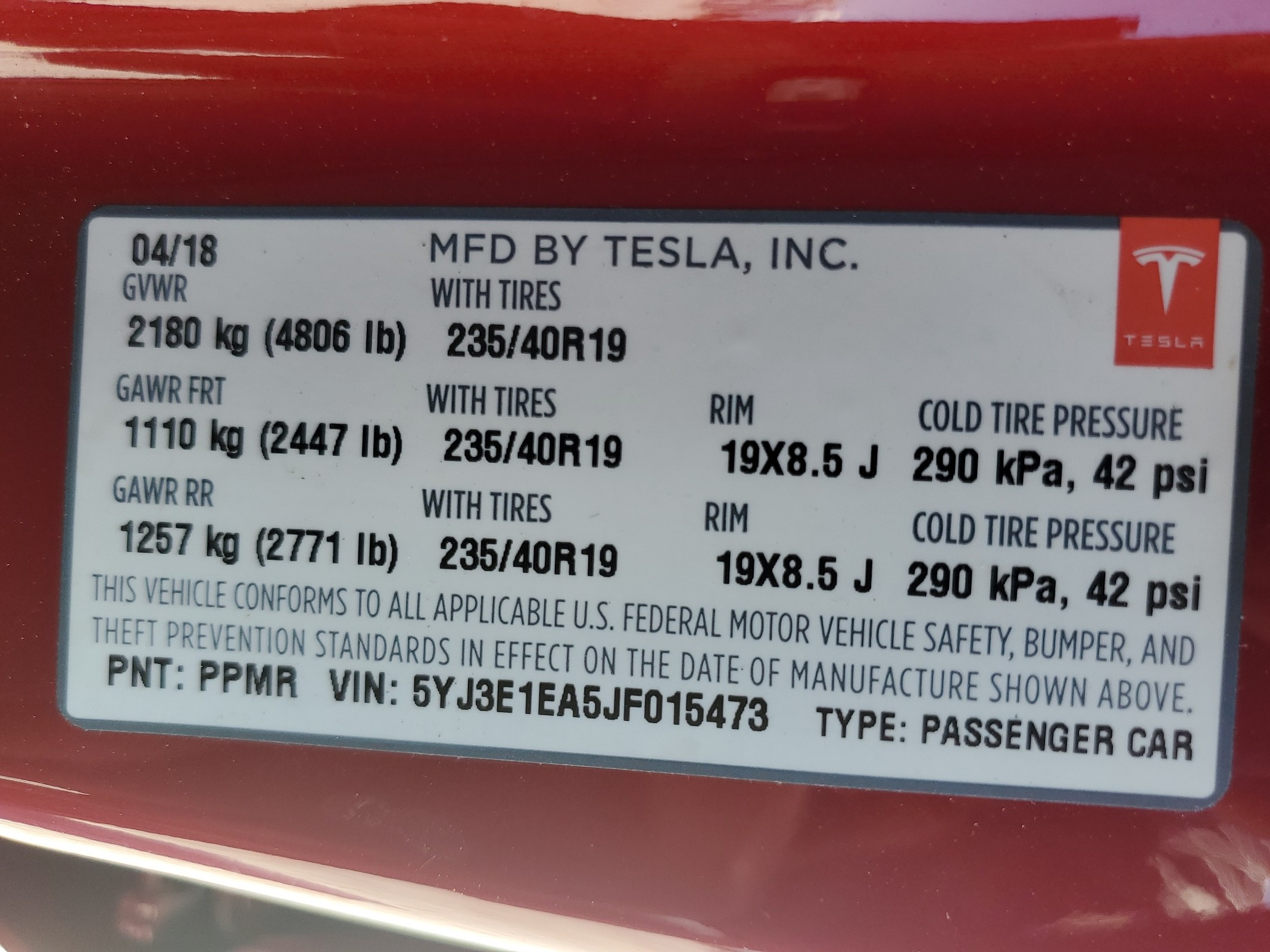 5YJ3E1EA5JF015473 2018 Tesla Model 3