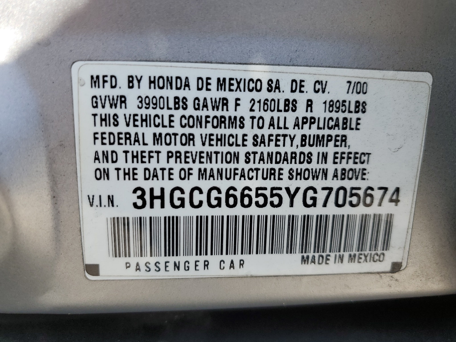 3HGCG6655YG705674 2000 Honda Accord Lx