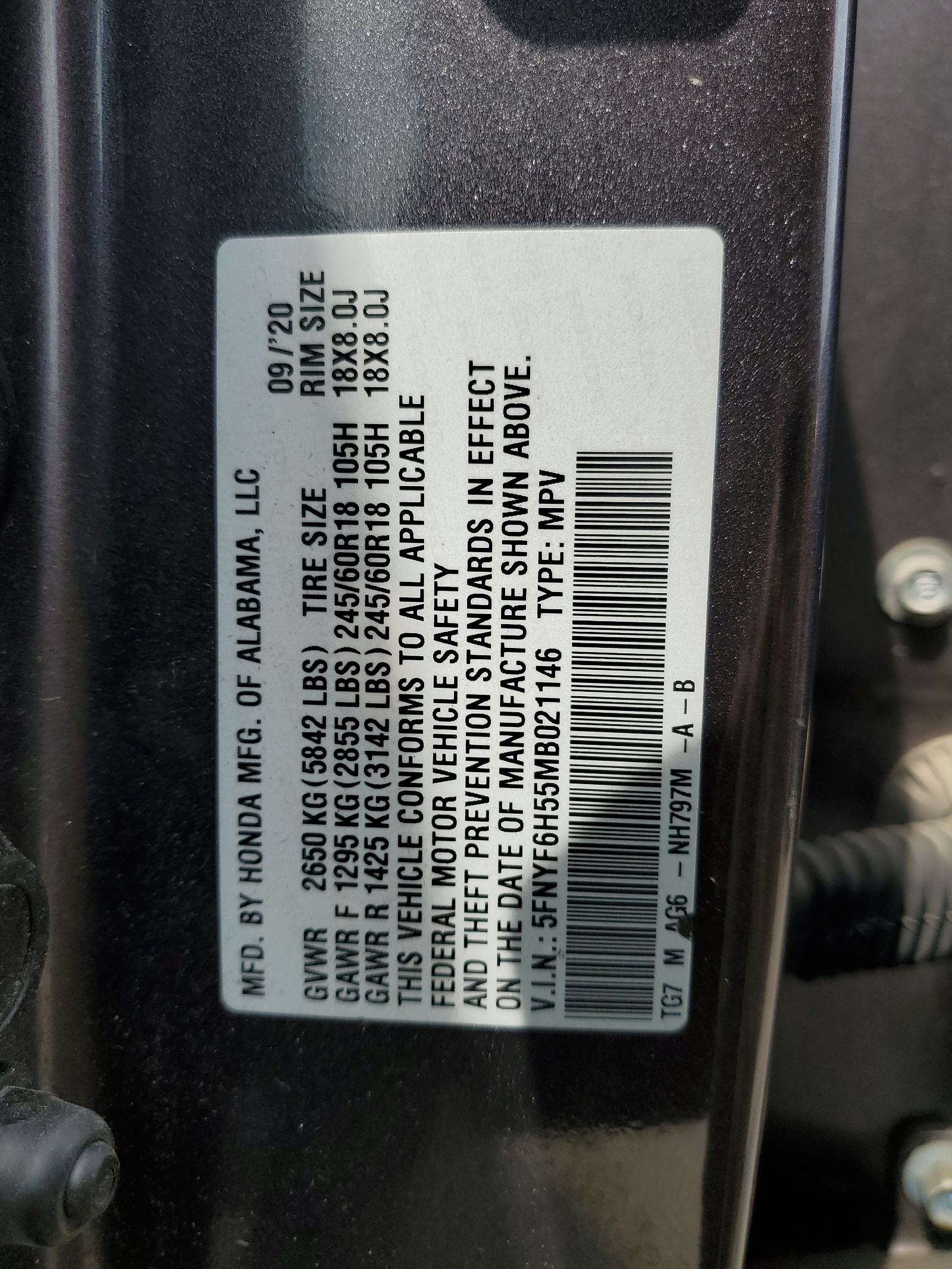 5FNYF6H55MB021146 2021 Honda Pilot Exl