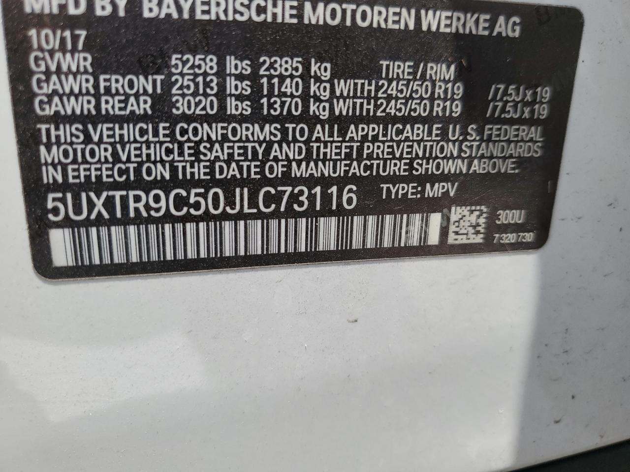 2018 BMW X3 xDrive30I VIN: 5UXTR9C50JLC73116 Lot: 64649614