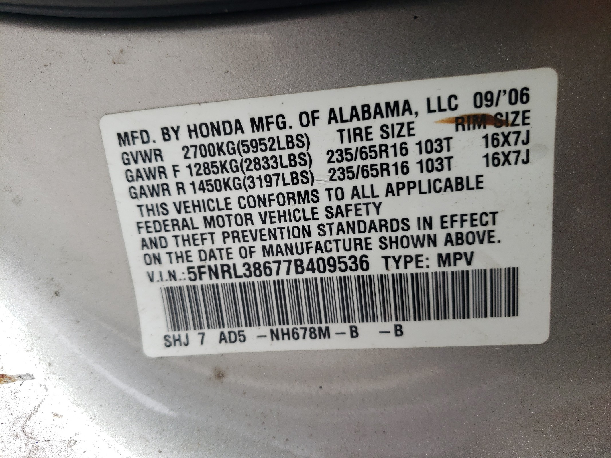 5FNRL38677B409536 2007 Honda Odyssey Exl