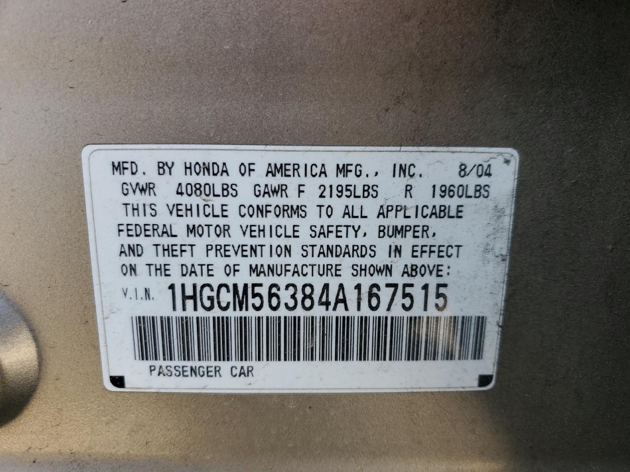 2004 Honda Accord Lx VIN: 1HGCM56384A167515 Lot: 65255684