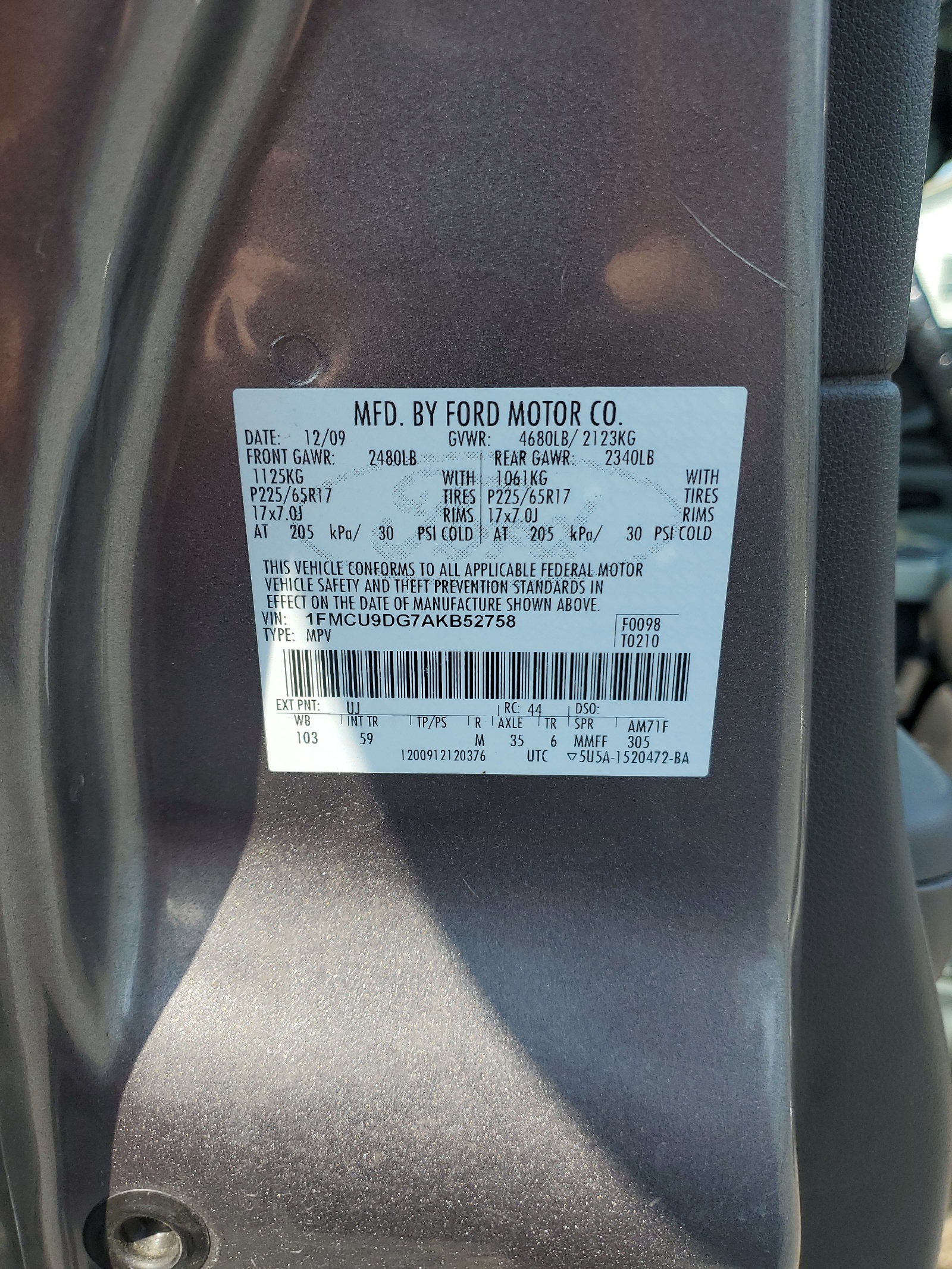1FMCU9DG7AKB52758 2010 Ford Escape Xlt