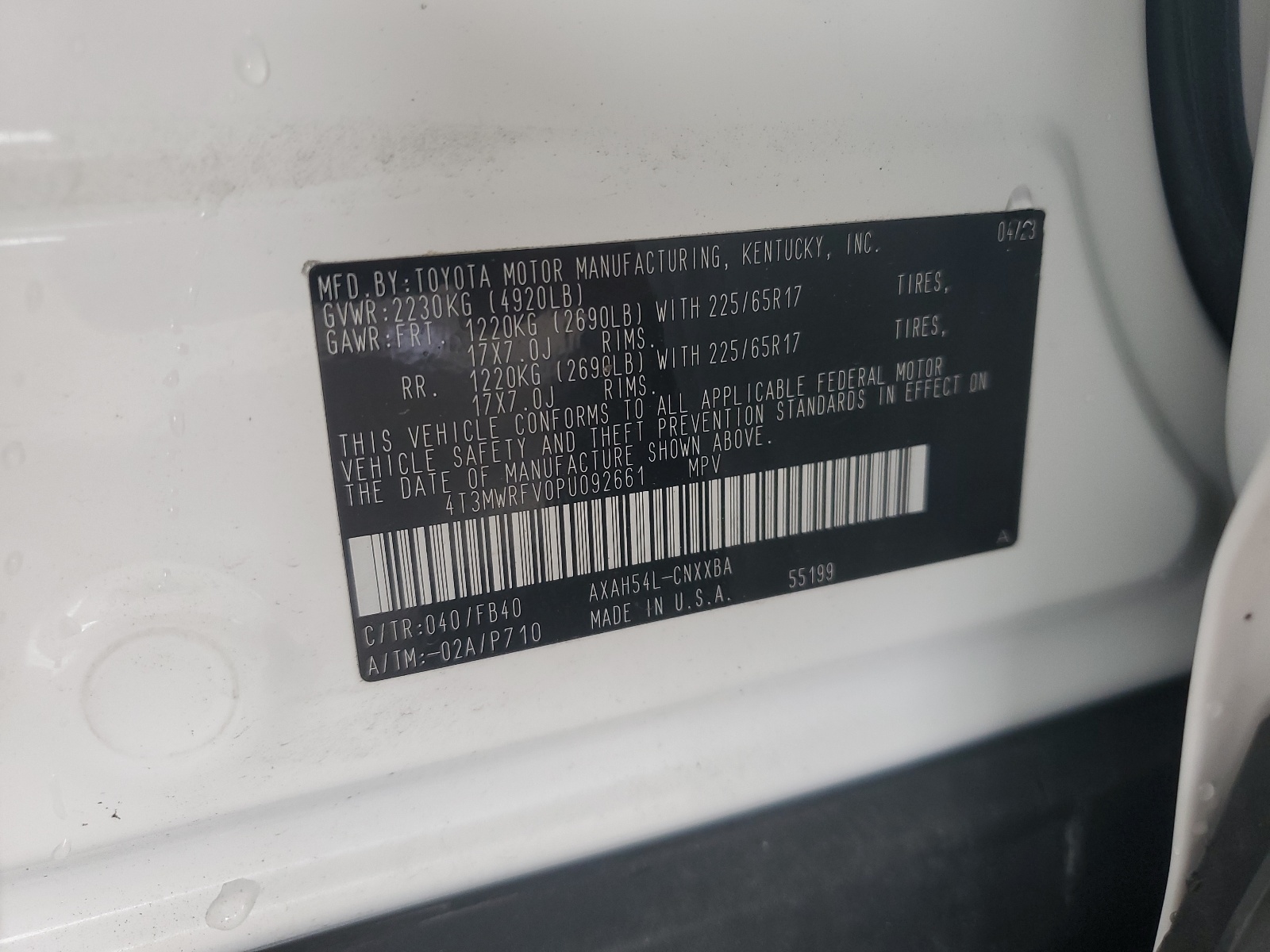 4T3MWRFV0PU092661 2023 Toyota Rav4 Le