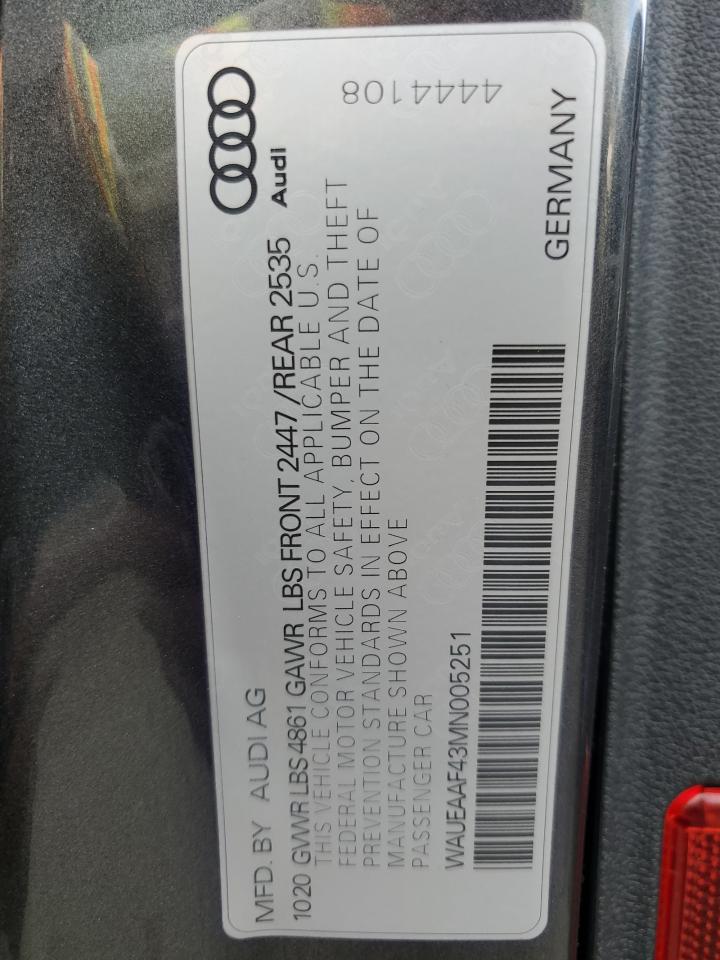 2021 Audi A4 Premium Plus 45 VIN: WAUEAAF43MN005251 Lot: 62908234