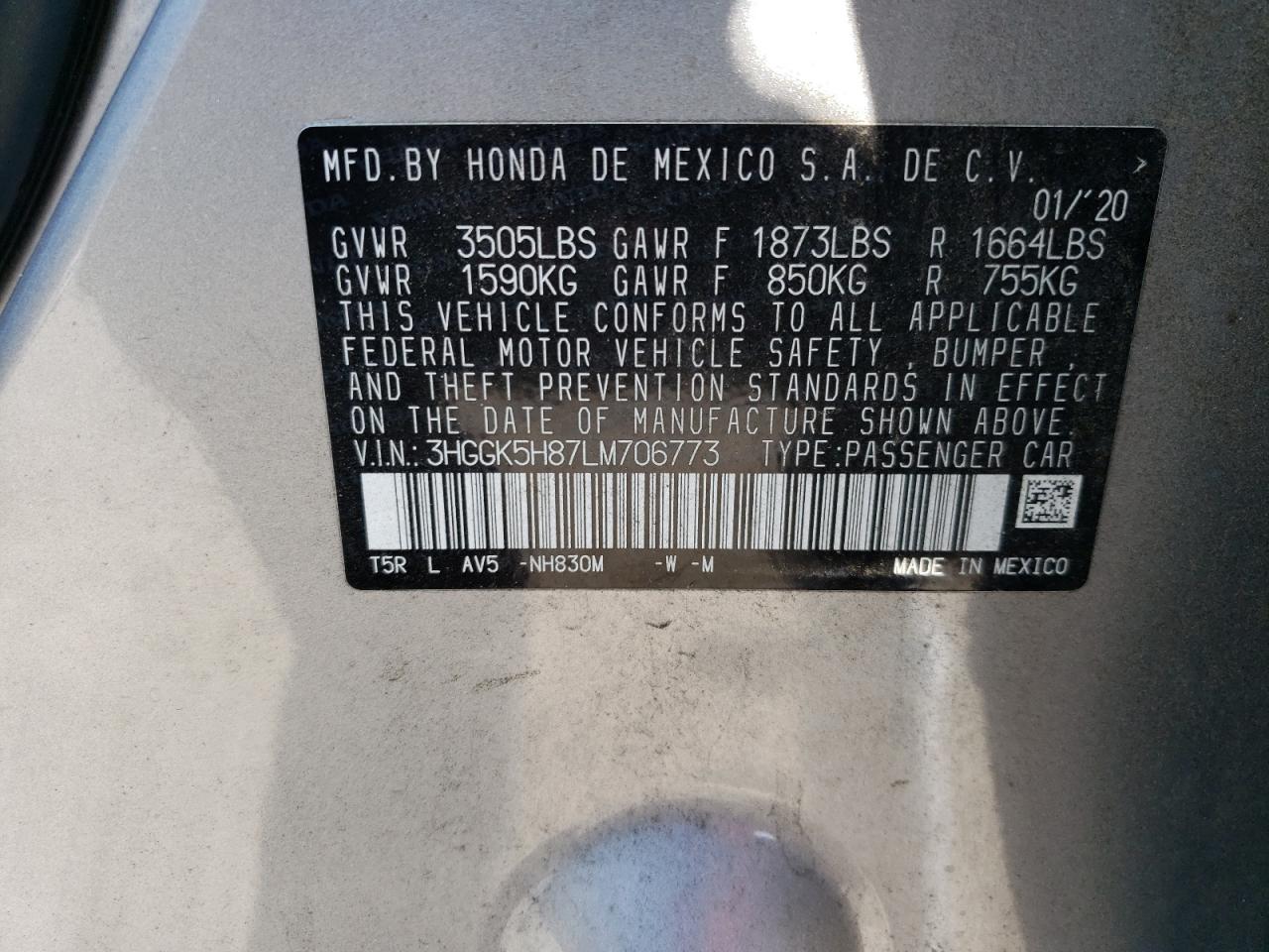 2020 Honda Fit Ex VIN: 3HGGK5H87LM706773 Lot: 62328064