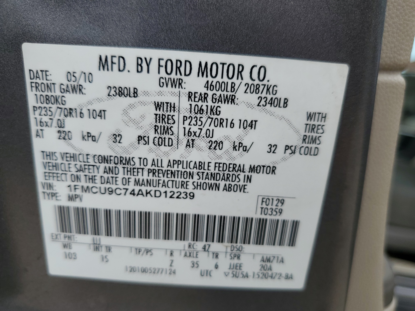 1FMCU9C74AKD12239 2010 Ford Escape Xls