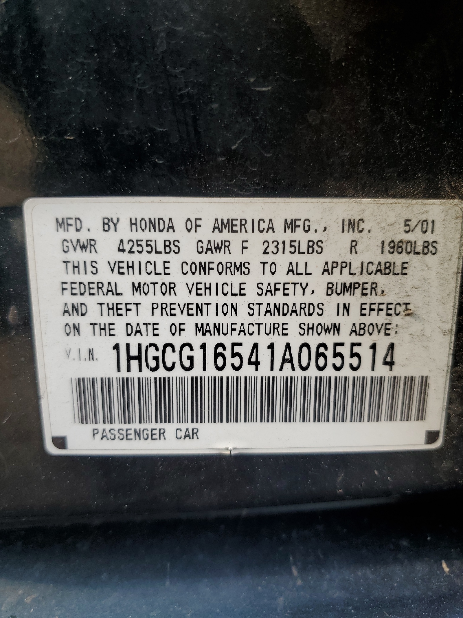 1HGCG16541A065514 2001 Honda Accord Ex