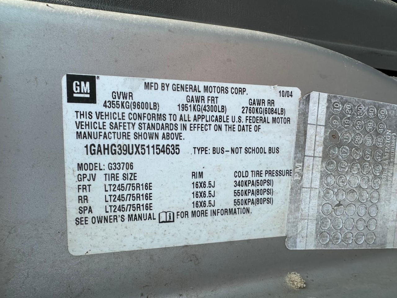 2005 Chevrolet Express G3500 VIN: 1GAHG39UX51154635 Lot: 64621244