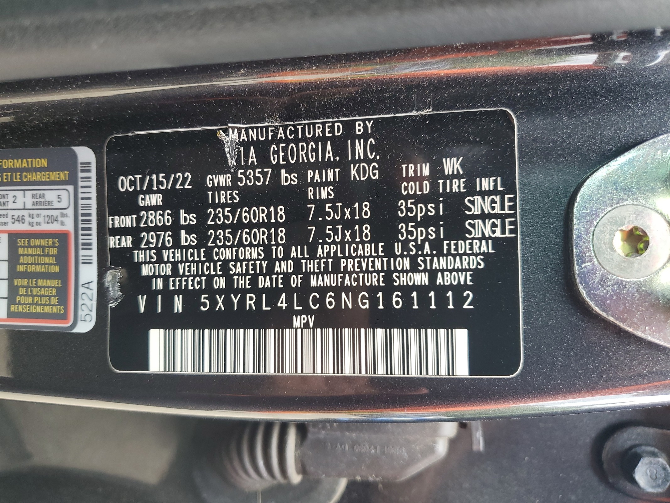 5XYRL4LC6NG161112 2022 Kia Sorento S