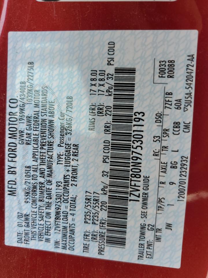 2007 Ford Mustang VIN: 1ZVFT80N975301193 Lot: 62531364