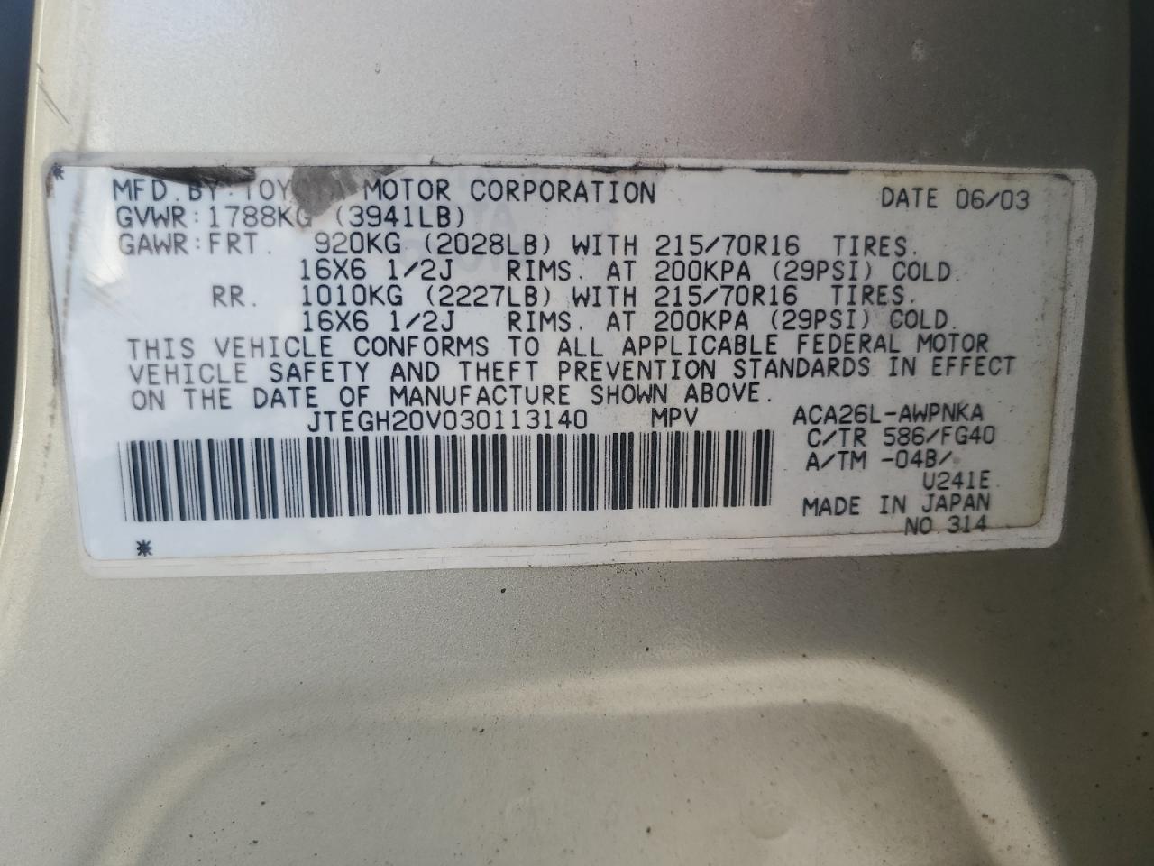 2003 Toyota Rav4 VIN: JTEGH20V030113140 Lot: 65111214