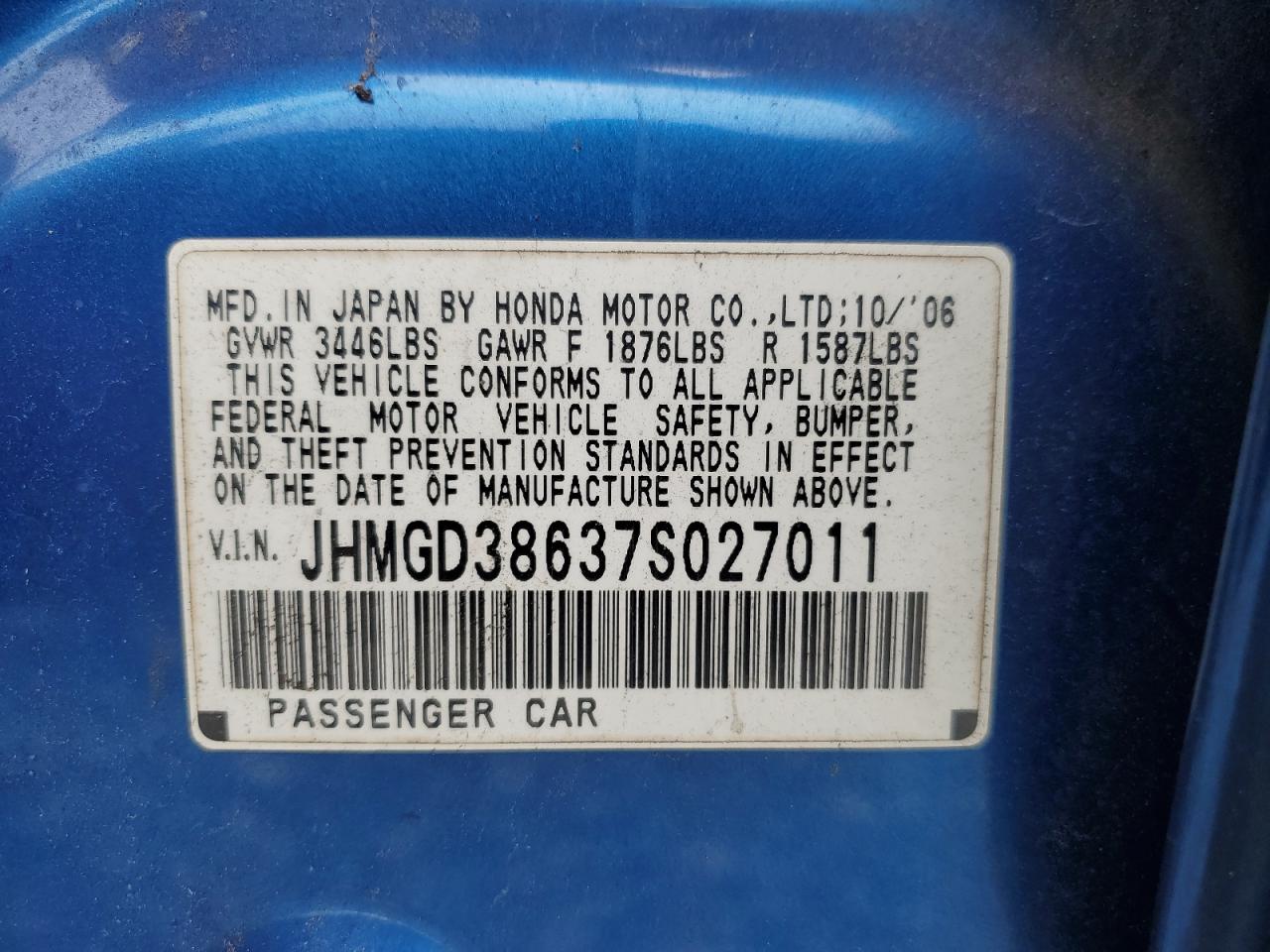 JHMGD38637S027011 2007 Honda Fit S