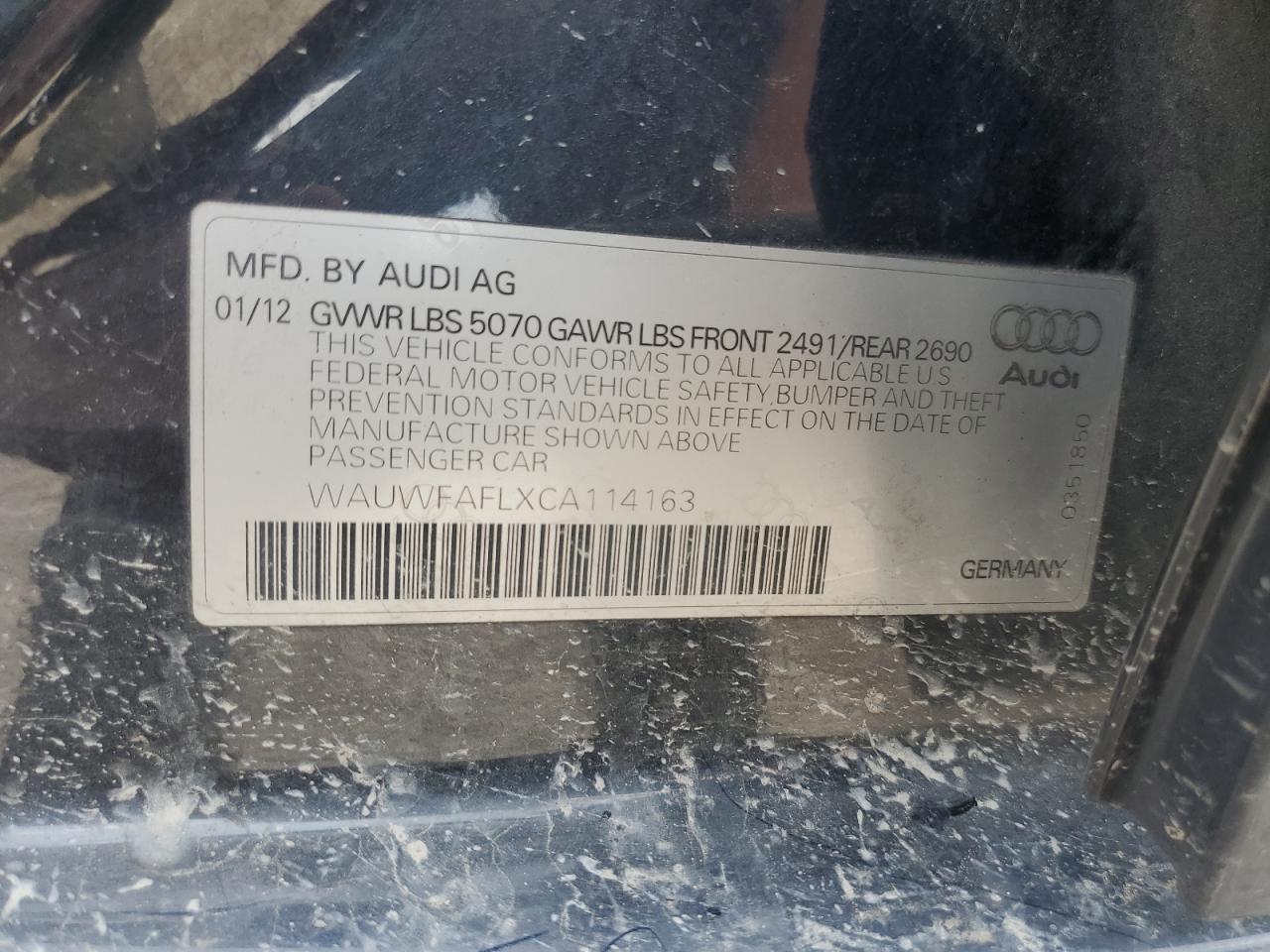 2012 Audi A4 Premium Plus VIN: WAUWFAFLXCA114163 Lot: 64980494