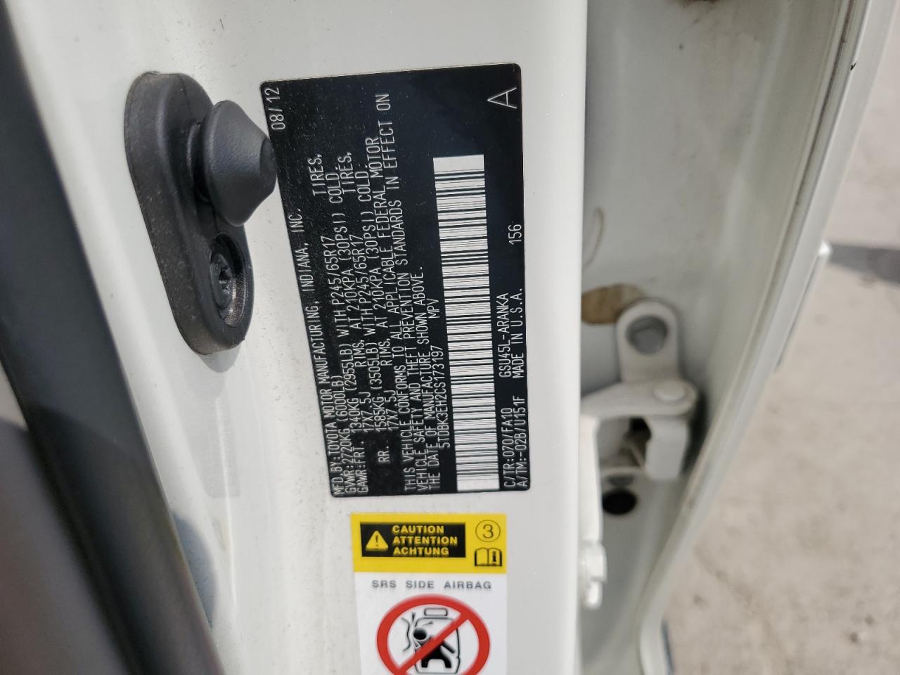 2012 Toyota Highlander Base VIN: 5TDBK3EH2CS173197 Lot: 65428734