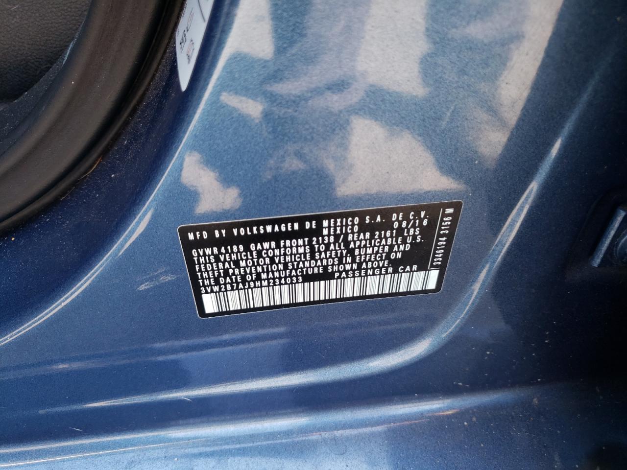 2017 Volkswagen Jetta S VIN: 3VW2B7AJ9HM234033 Lot: 62883994