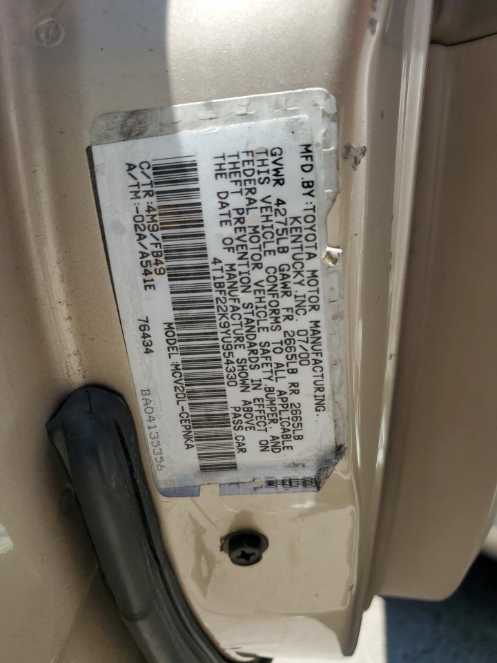 2000 Toyota Camry Le VIN: 4T1BF22K9YU954330 Lot: 62508794