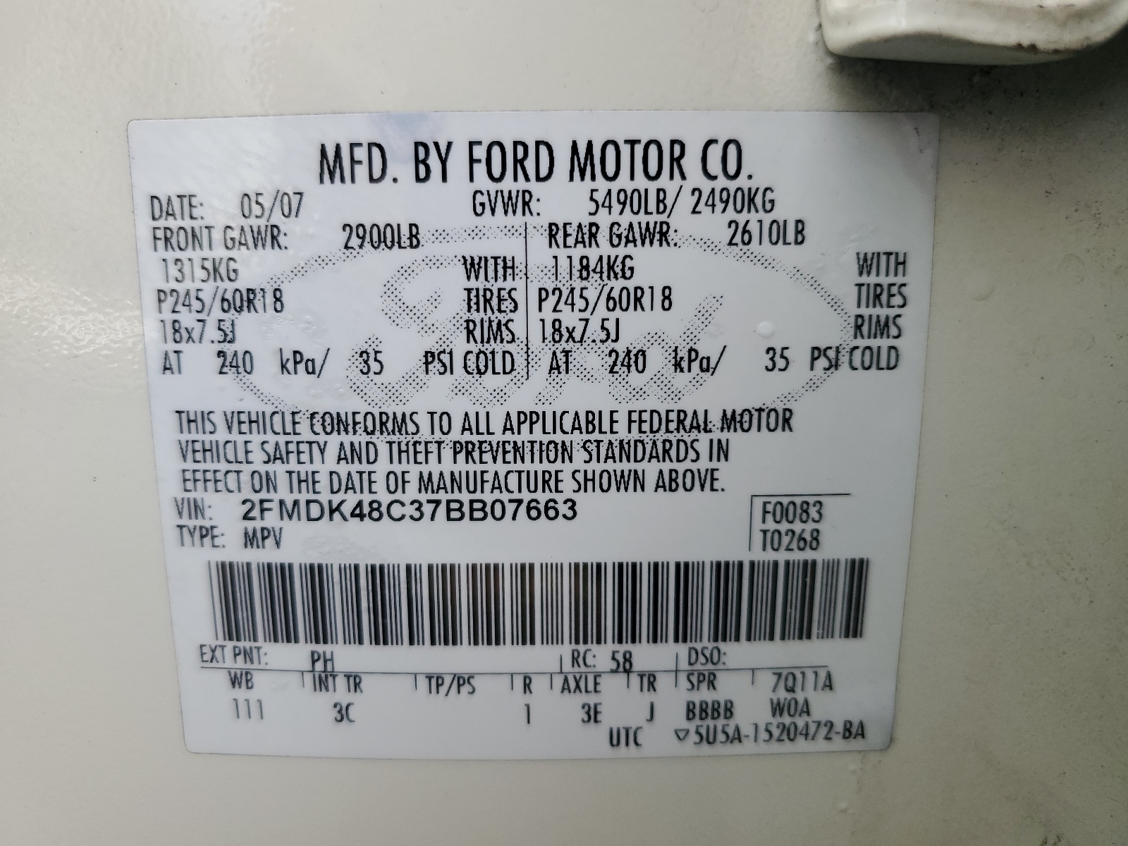 2FMDK48C37BB07663 2007 Ford Edge Sel