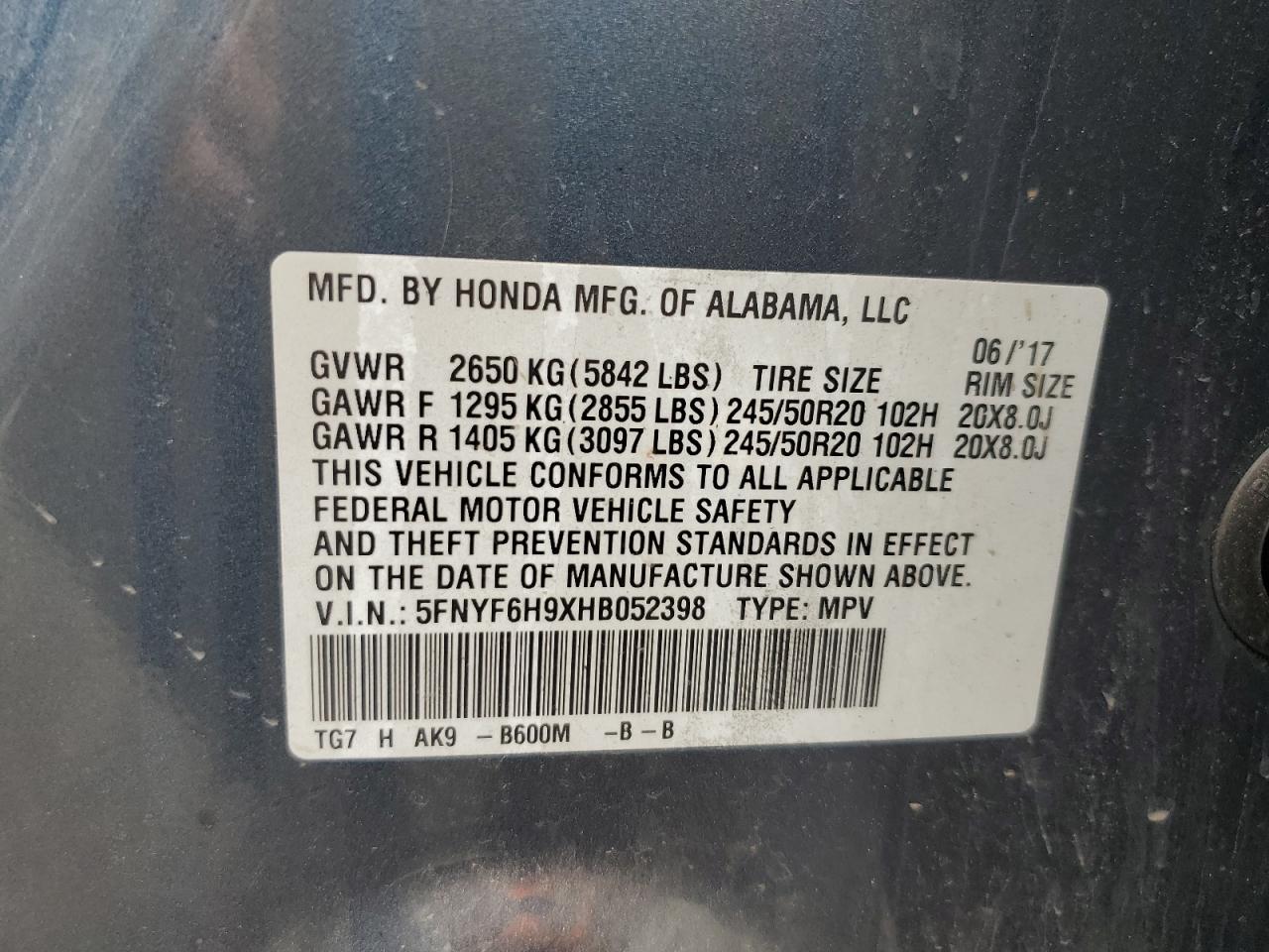 2017 Honda Pilot Touring VIN: 5FNYF6H9XHB052398 Lot: 63604024