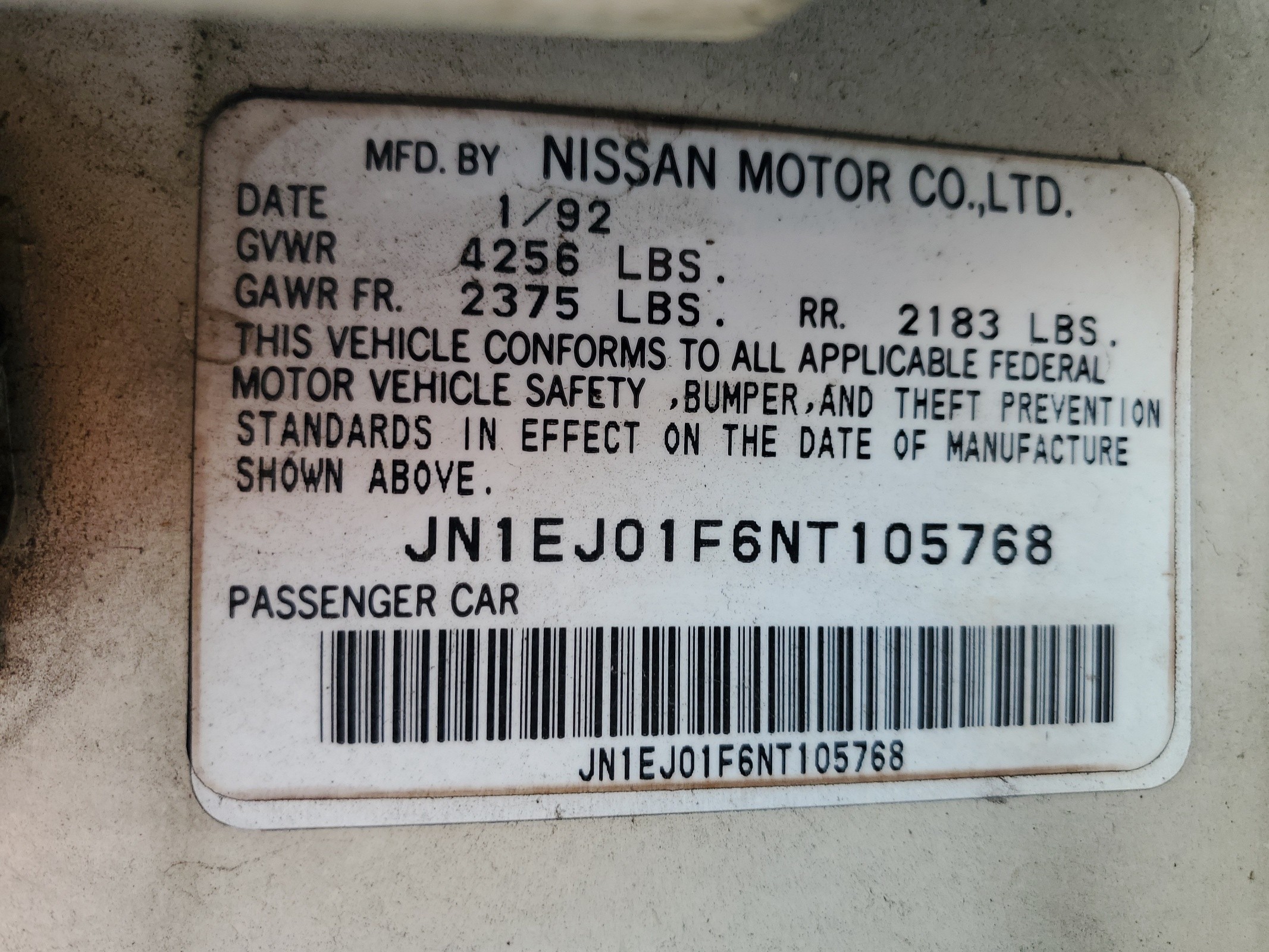 JN1EJ01F6NT105768 1992 Nissan Maxima Se