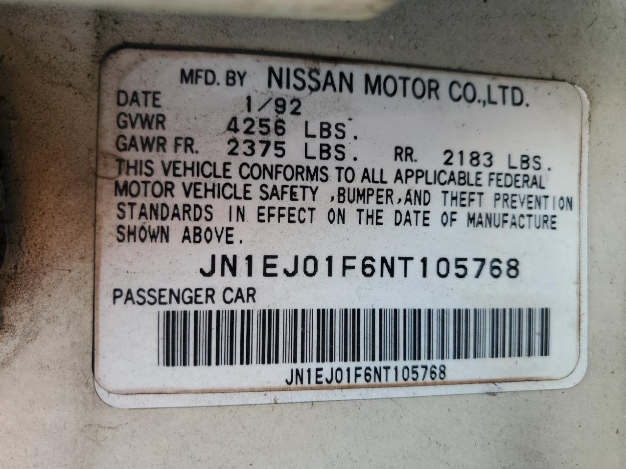 1992 Nissan Maxima Se VIN: JN1EJ01F6NT105768 Lot: 63441664