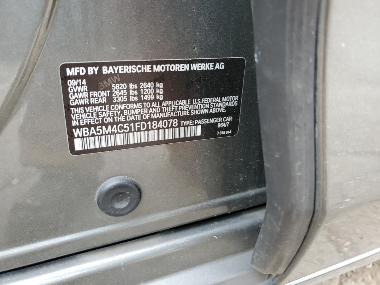 2015 BMW 535 Xigt VIN: WBA5M4C51FD184078 Lot: 63460044