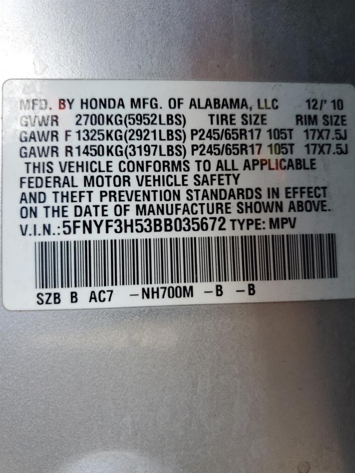 2011 Honda Pilot Exl VIN: 5FNYF3H53BB035672 Lot: 63504214