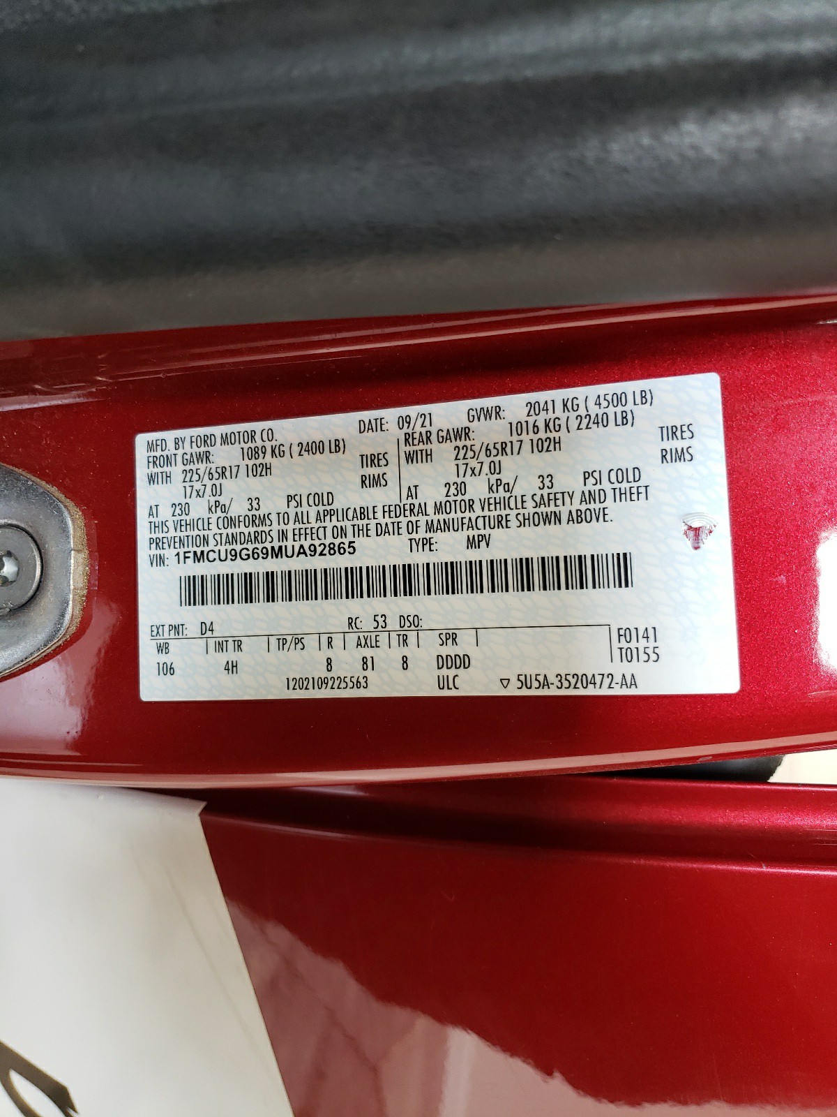 1FMCU9G69MUA92865 2021 Ford Escape Se