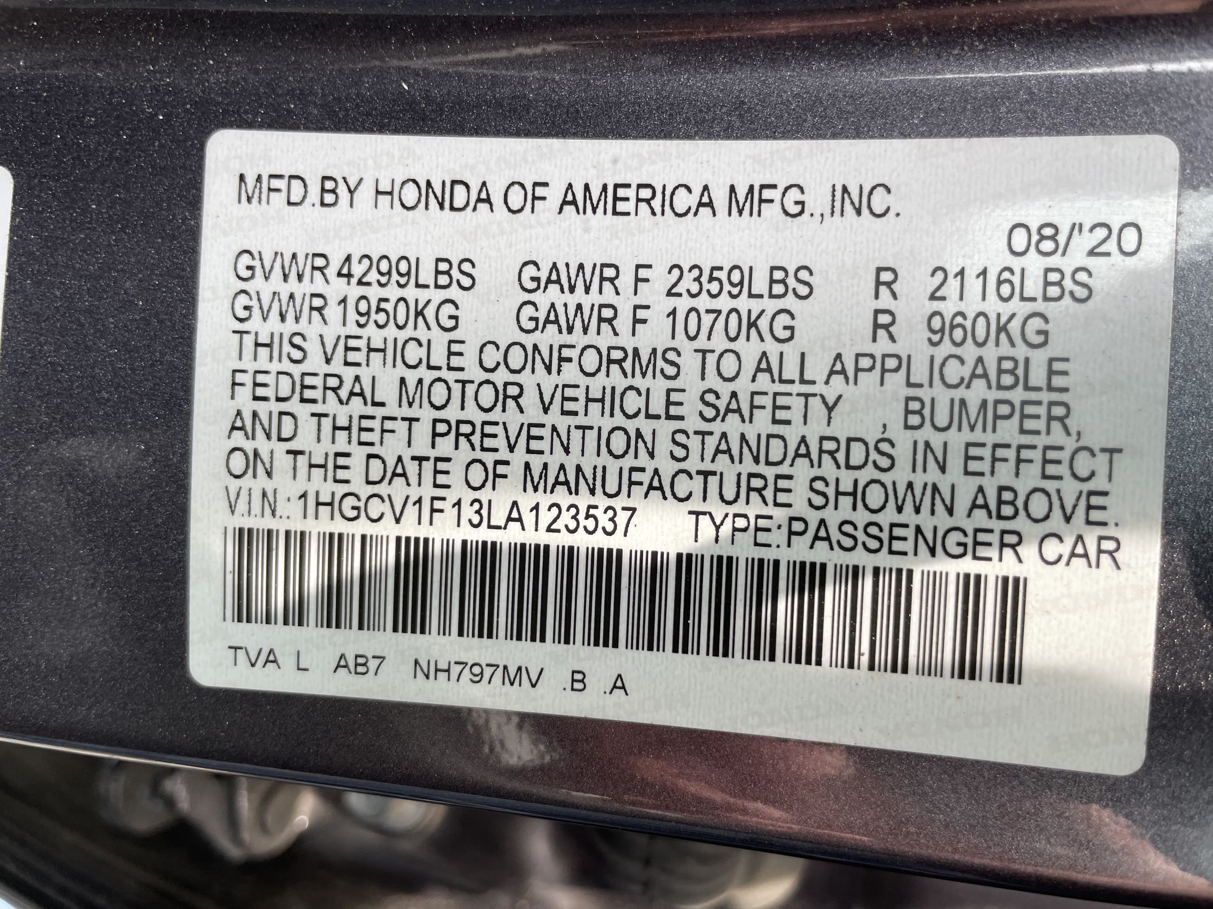 2020 Honda Accord Lx vin: 1HGCV1F13LA123537