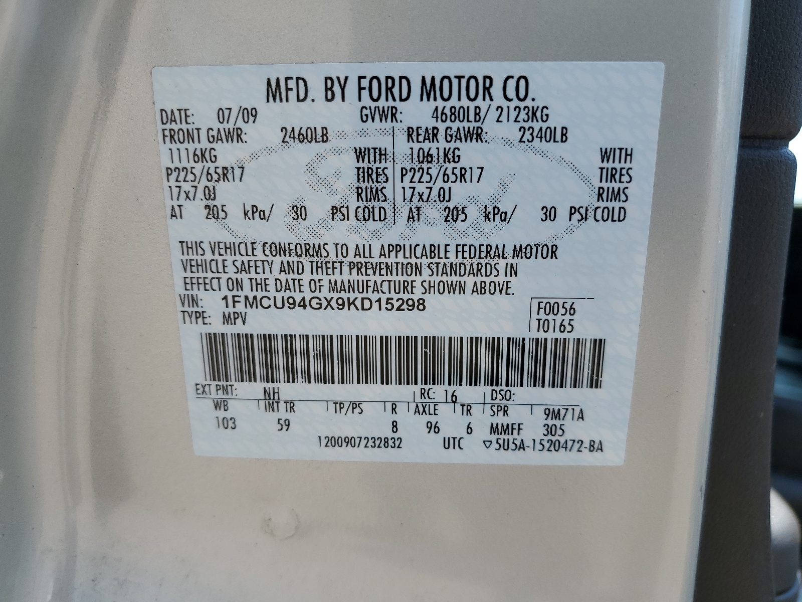 1FMCU94GX9KD15298 2009 Ford Escape Limited